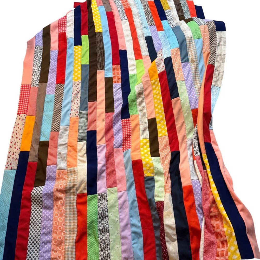 Vintage Patchwork Quilt Top Handmade Multi-Color Striped Design 69 x 90 Inches